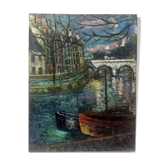 Painting "Les quais" 50's signed Truchetet