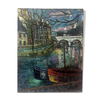 Painting "Les quais" 50's signed Truchetet