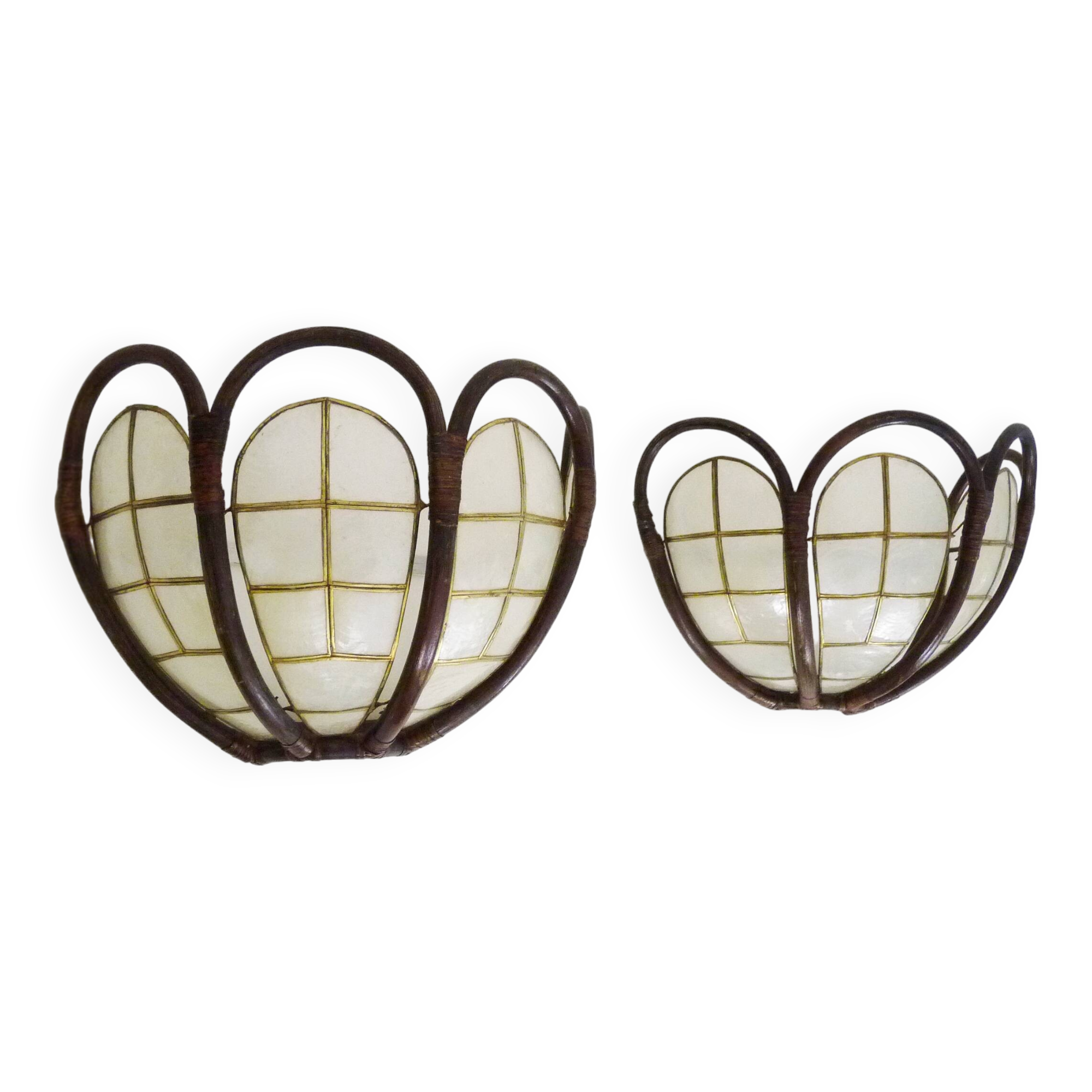 Pair of rattan and mother-of-pearl wall lights from the 50s and 60s