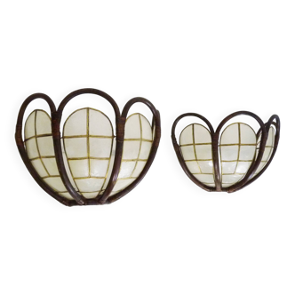 Pair of rattan and mother-of-pearl wall lights from the 50s and 60s