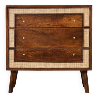 Commode à tiroirs en bois de manguier massif de style moderne du milieu du siècle avec des accents de rotin tissé - Ch tricoté serré