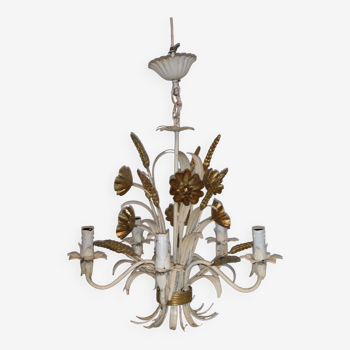 Epi de wheat lacquer white and gold vintage Italy chandelier