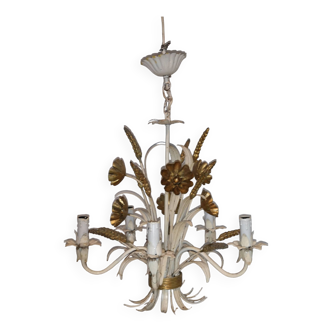 Epi de wheat lacquer white and gold vintage Italy chandelier