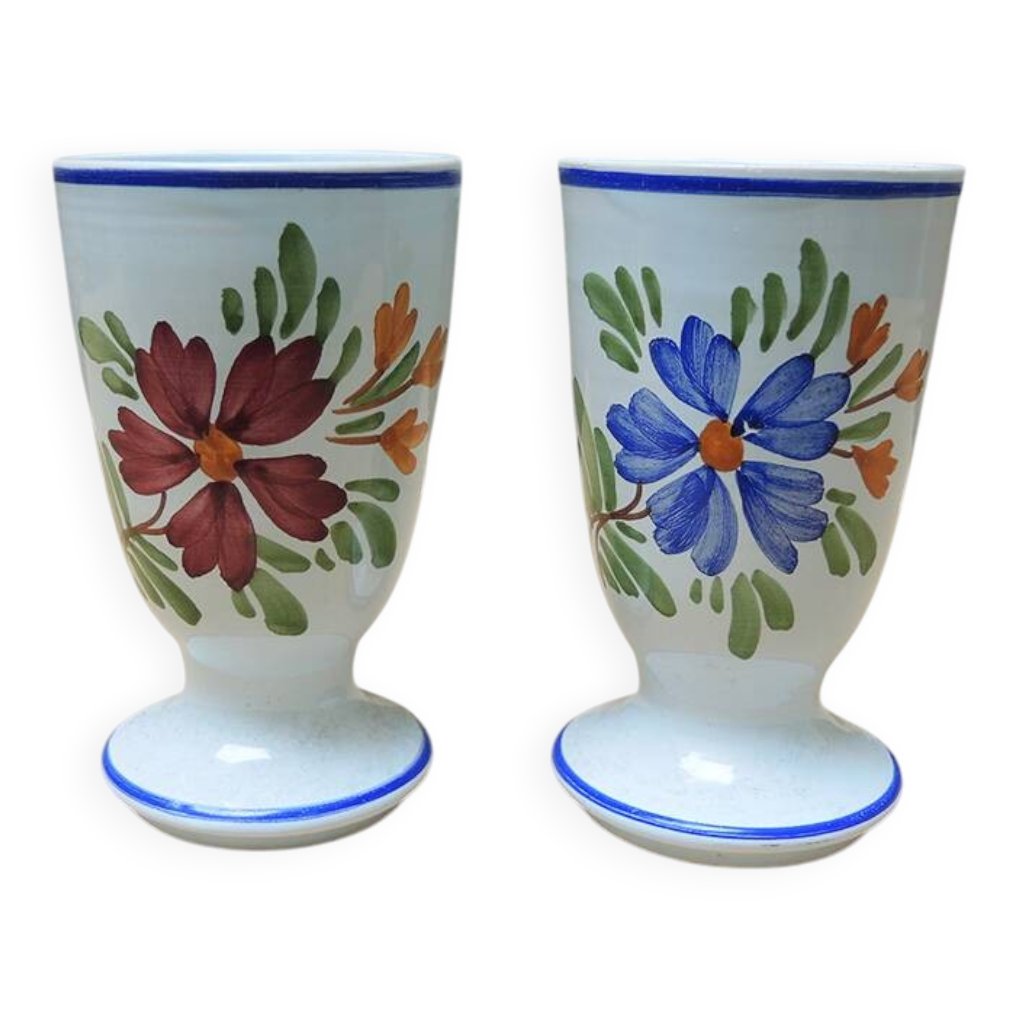 2 antique earthenware mazagrans with hand-painted floral decoration