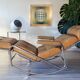 Fauteuil relax Lama 70's, chrome et simili cuir, repose pied repliable