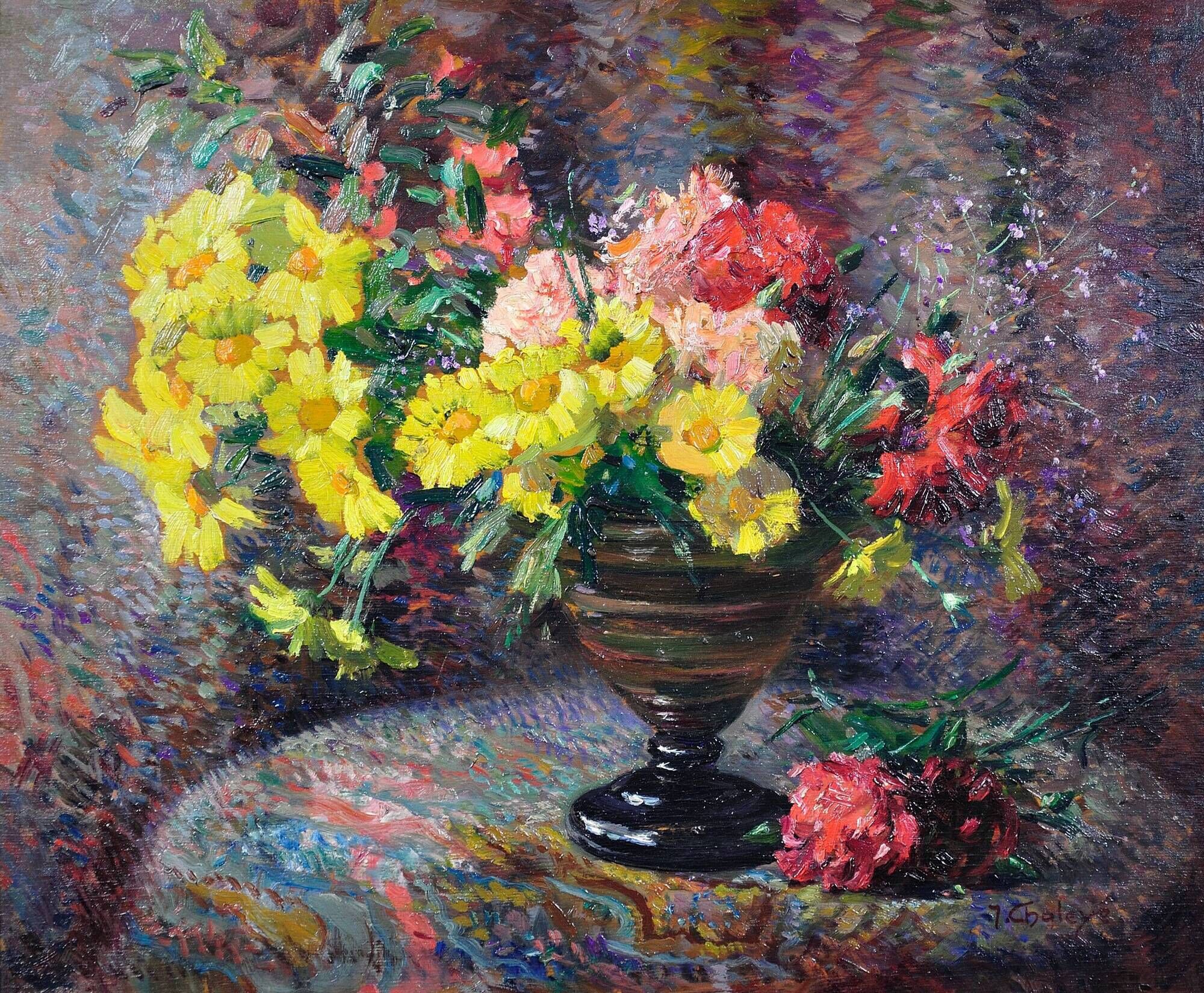 Jean Chaleye 1878-1960.Still Life Carnations & Marigolds.Framed Oil On Board.