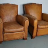 Pair of French Cognac Moustache Back Leather Club Chairs, 1950s