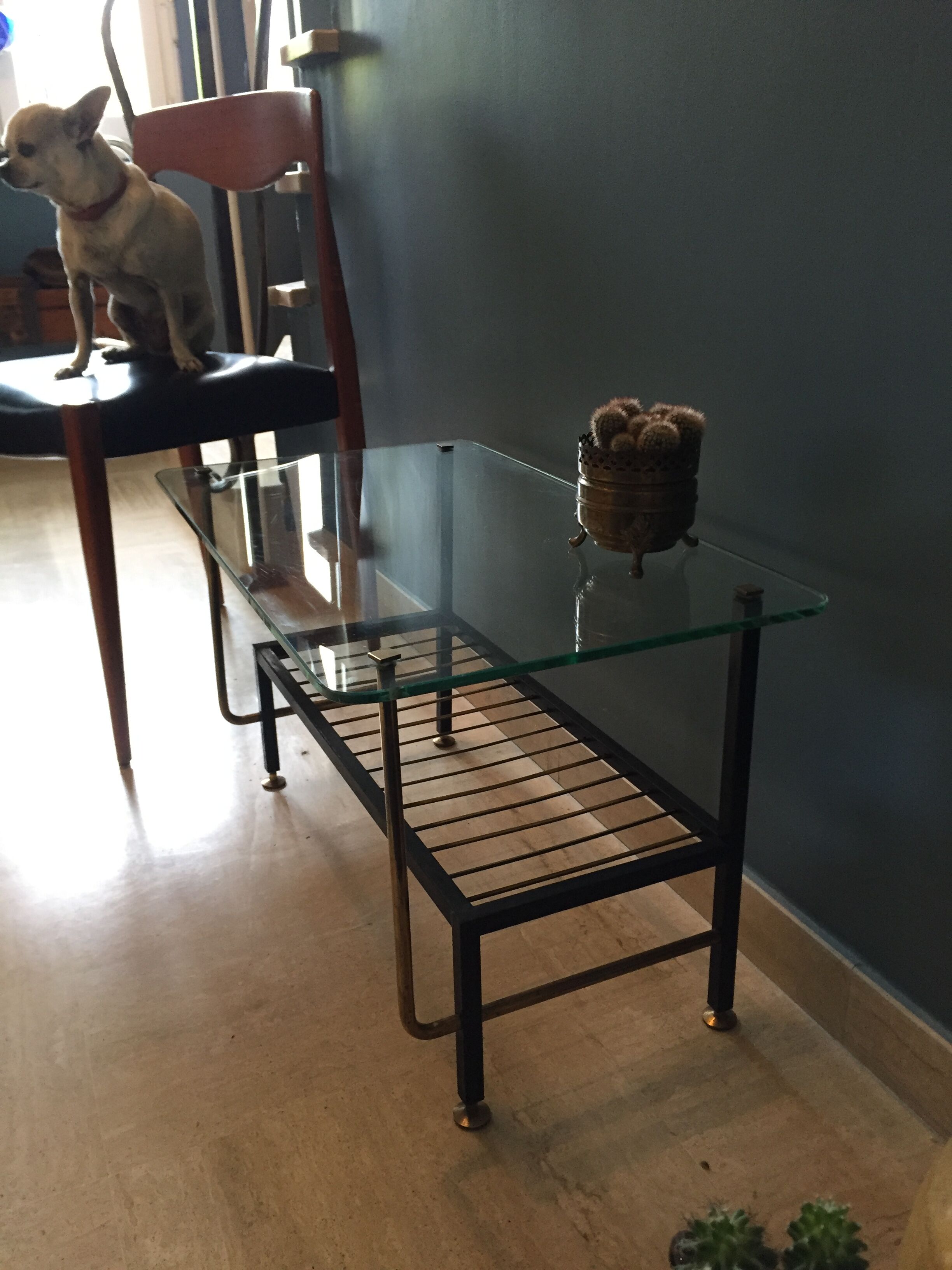 Coffee table in glass  black metal and brass vintage 1950