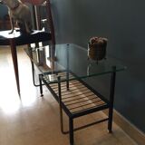 Coffee table in glass  black metal and brass vintage 1950