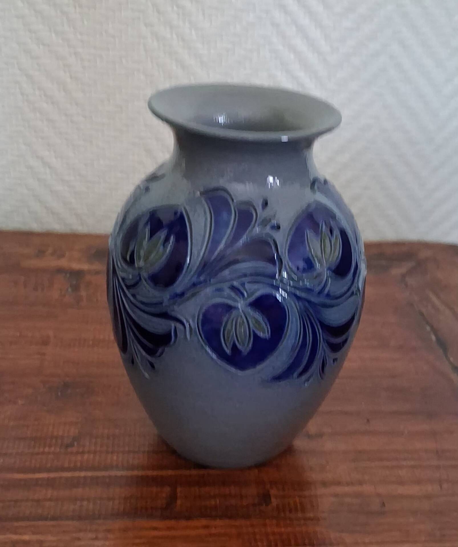 Cobalt blue Alsace stoneware soliflore vase signed Schmitter vi