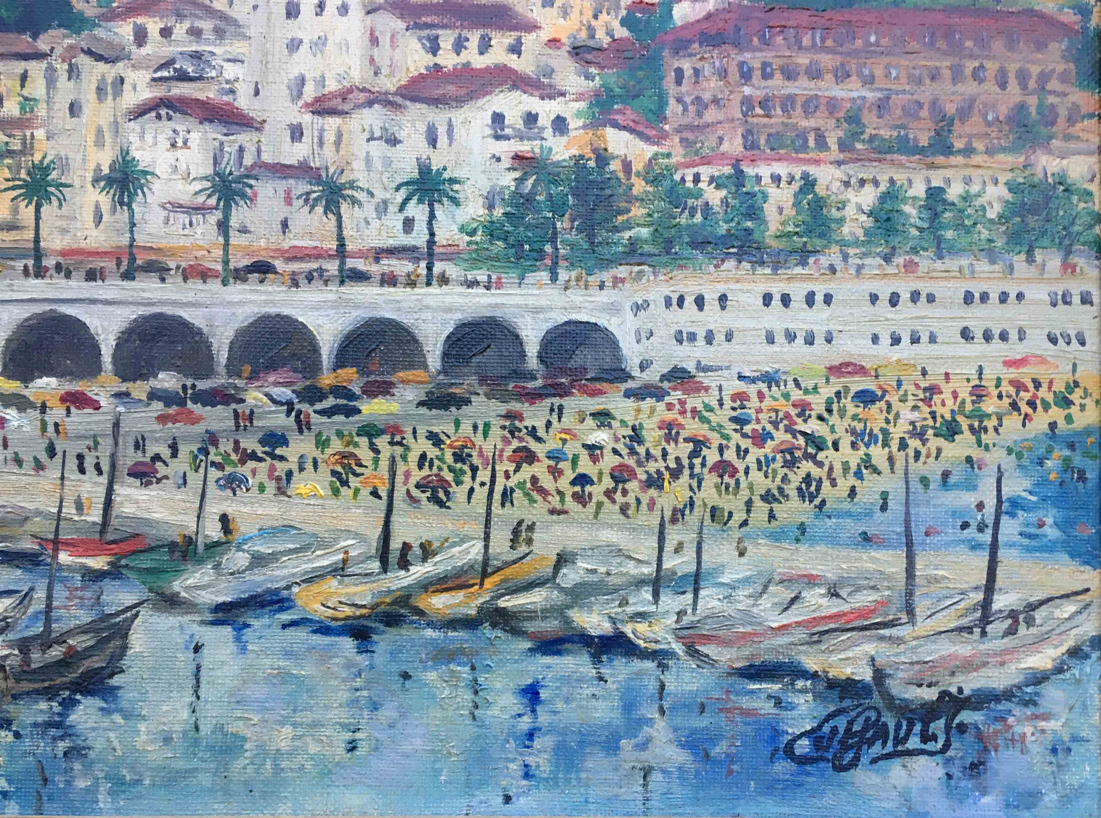 Painting port de Menton by Jacques Cuffaut, mid-twentieth century with frame