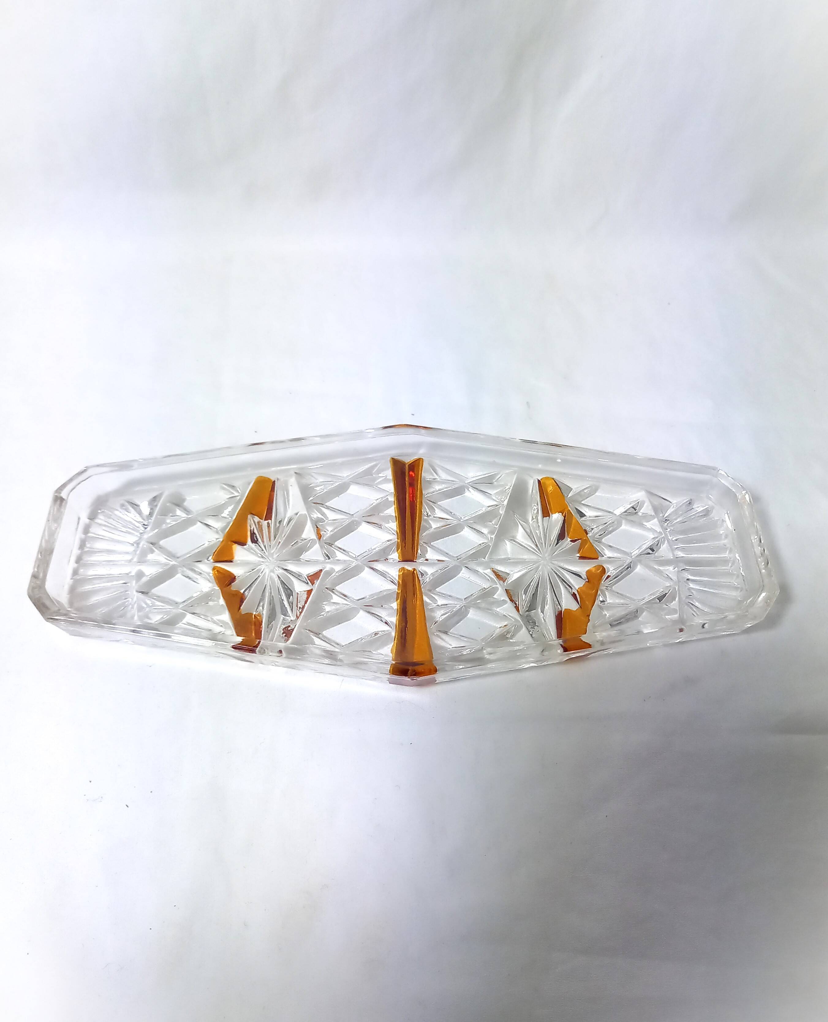 Art Deco Perfume Bottle, Pot and Tray in Transparent and Amber Glass