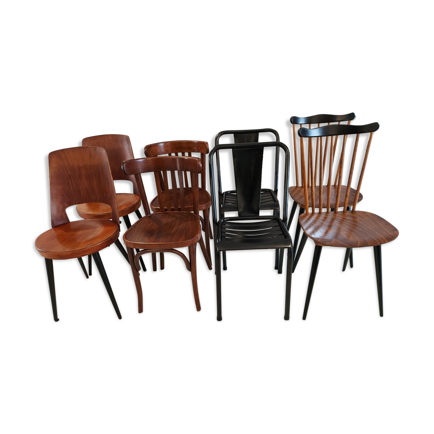 Suite de 8 chaises de bistrot dépareillées Baumann mondor ,tolix  vintage années 1960