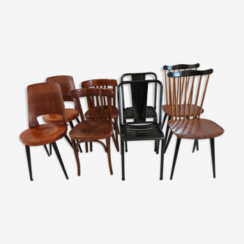 Suite de 8 chaises de bistrot dépareillées Baumann mondor ,tolix  vintage années 1960