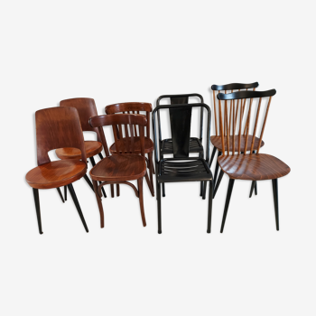 Suite of 8 mismatched Bistro chairs Baumann mondor, Vintage Tolix 1960s