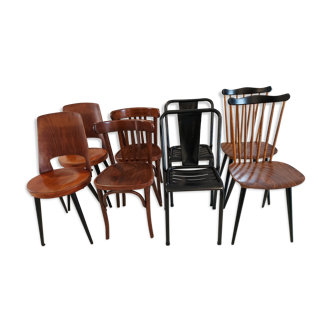 Suite of 8 mismatched Bistro chairs Baumann mondor, Vintage Tolix 1960s
