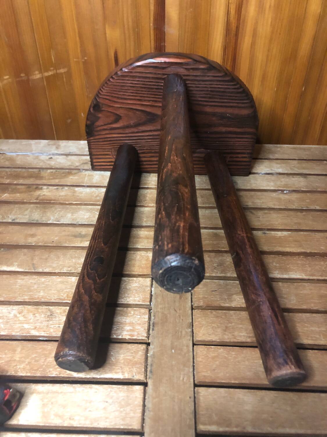 Vintage half moon wooden tripod milking stool #a580