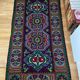 Handwoven vintage accent geometrical rug, colorful wool, wine colour with green and blue accents