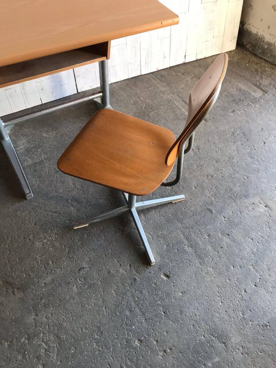 Embru 1960s desk and school chair set in brown wood and grey metal — set of 2