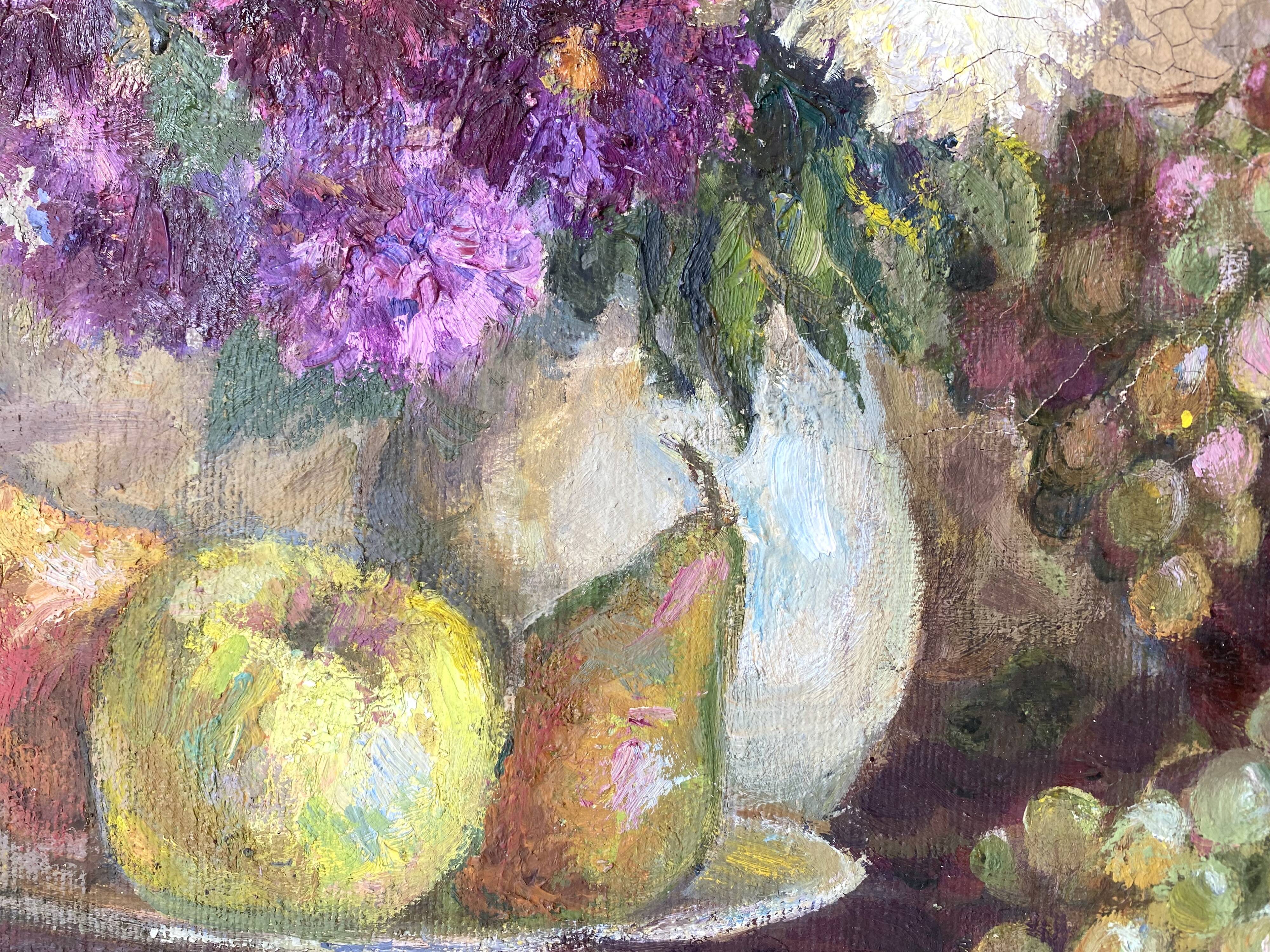 Nature morte à l'huile sur toile signée Gladkaya, peinture de fleurs et fruits années 60