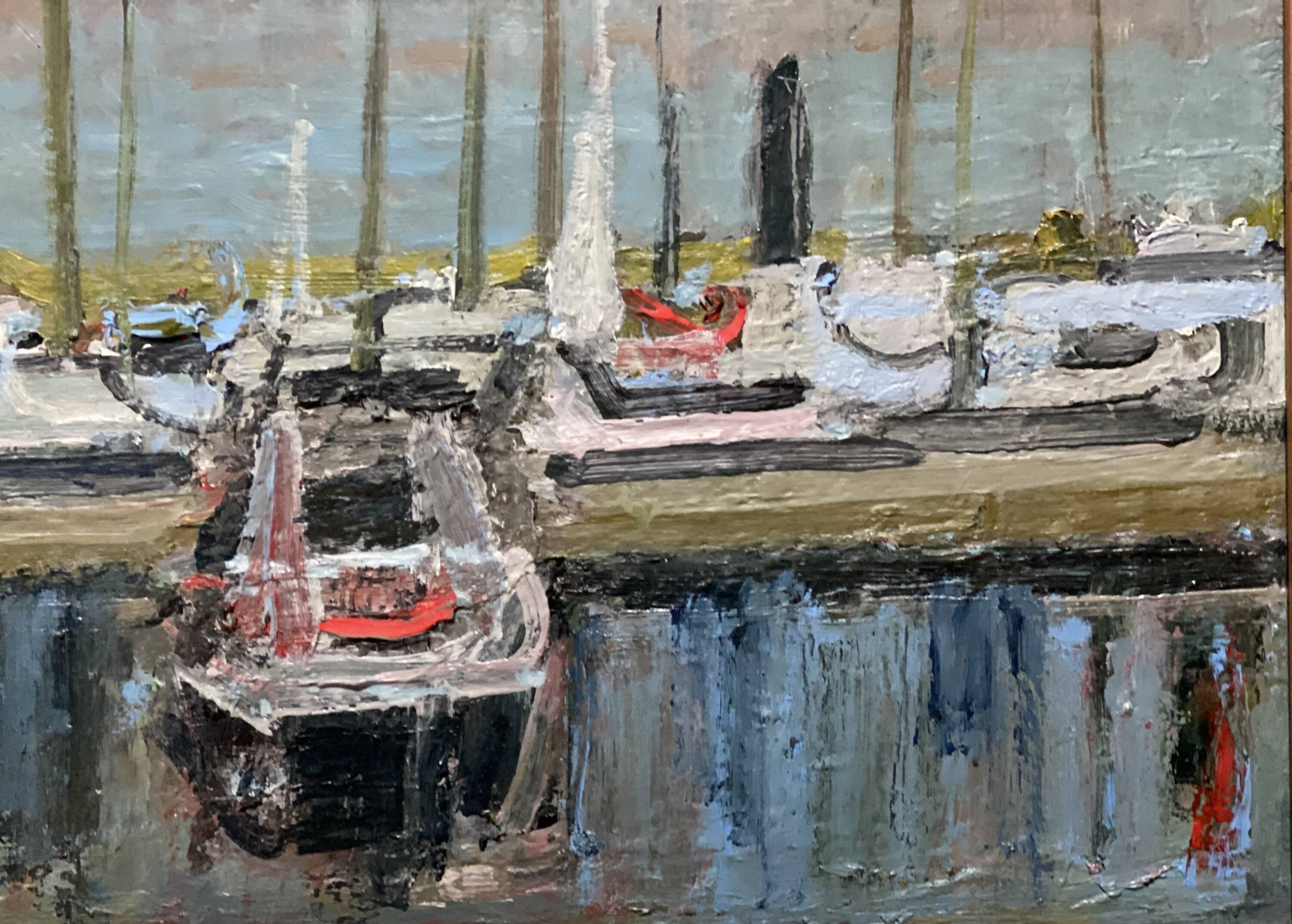 Painting by Jean Albert CARLOTTI, boat in port, Brittany, vintage marine 1950