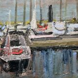 Painting by Jean Albert CARLOTTI, boat in port, Brittany, vintage marine 1950