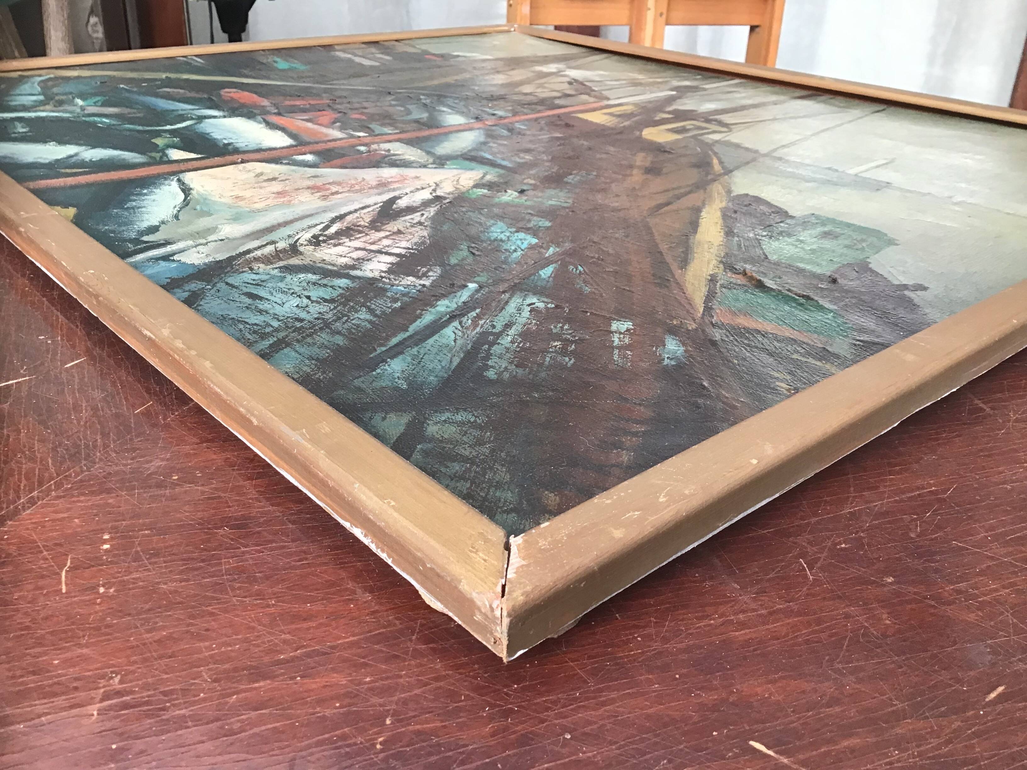 Oil on canvas - “The deck of the trawler returning from fishing” by Lucien Staquet (1911-1989)