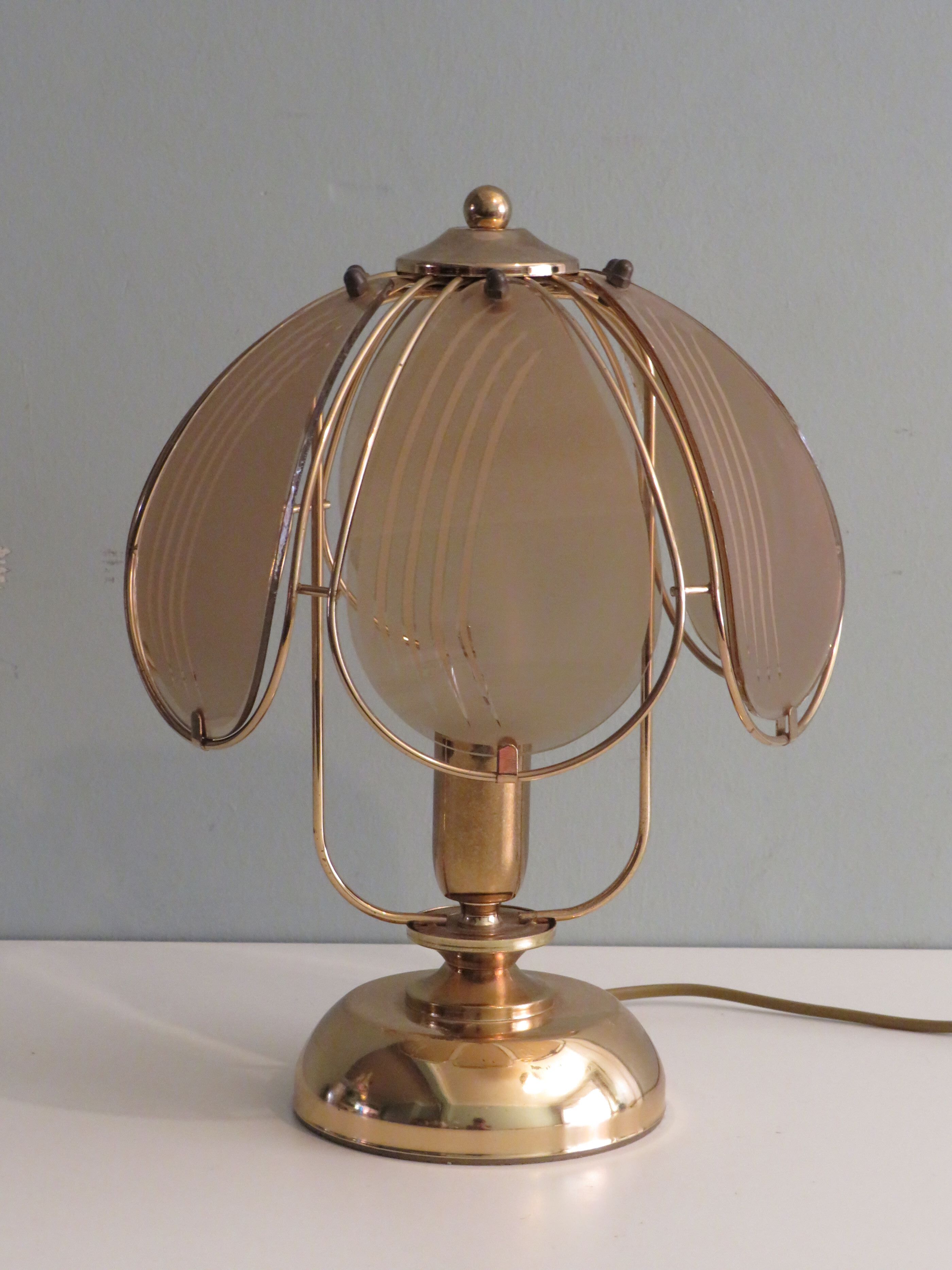 Brass table lamp with smoked glass panels, Belgium 1970