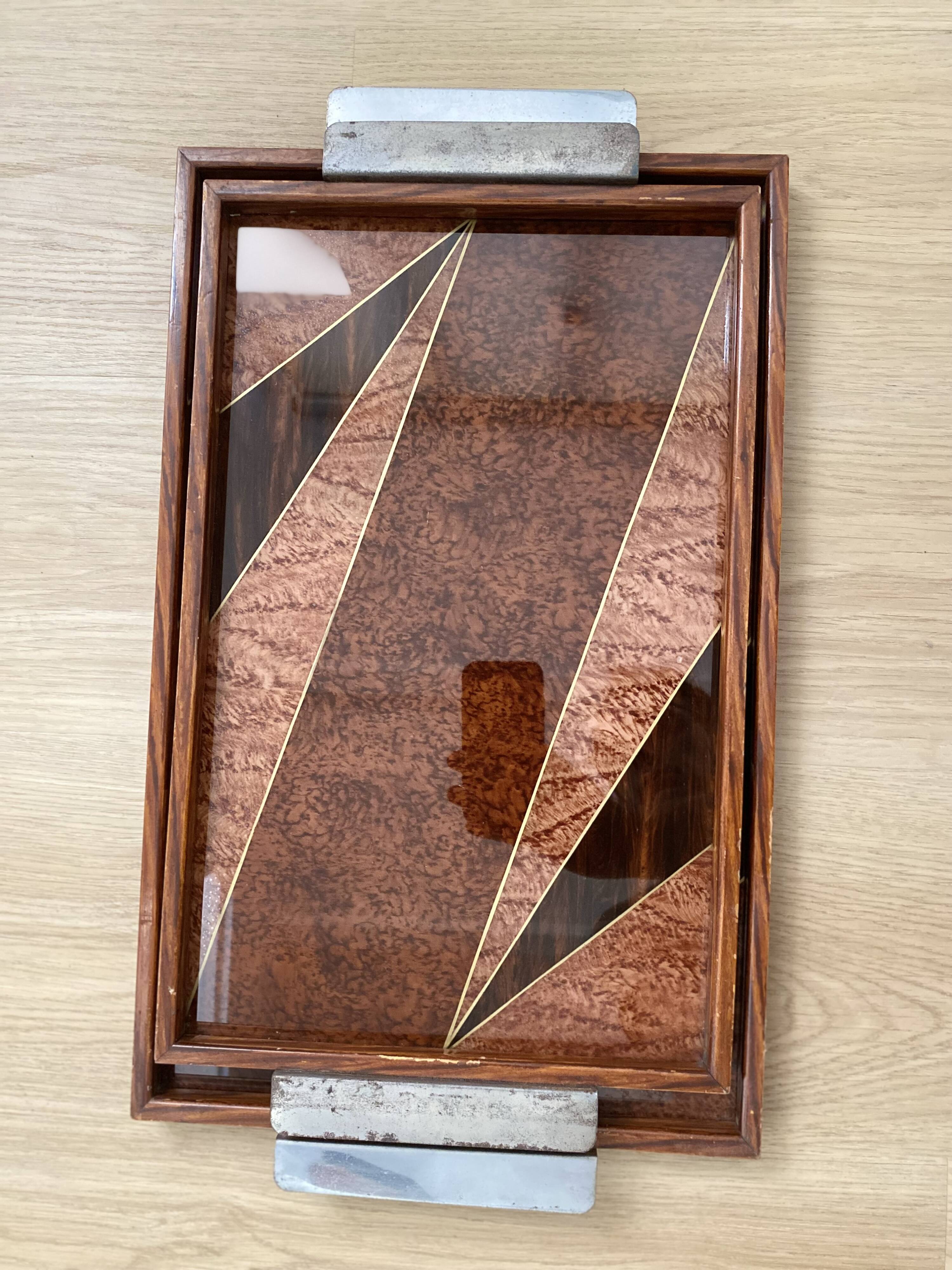 Duo of vintage wooden trays marked art deco