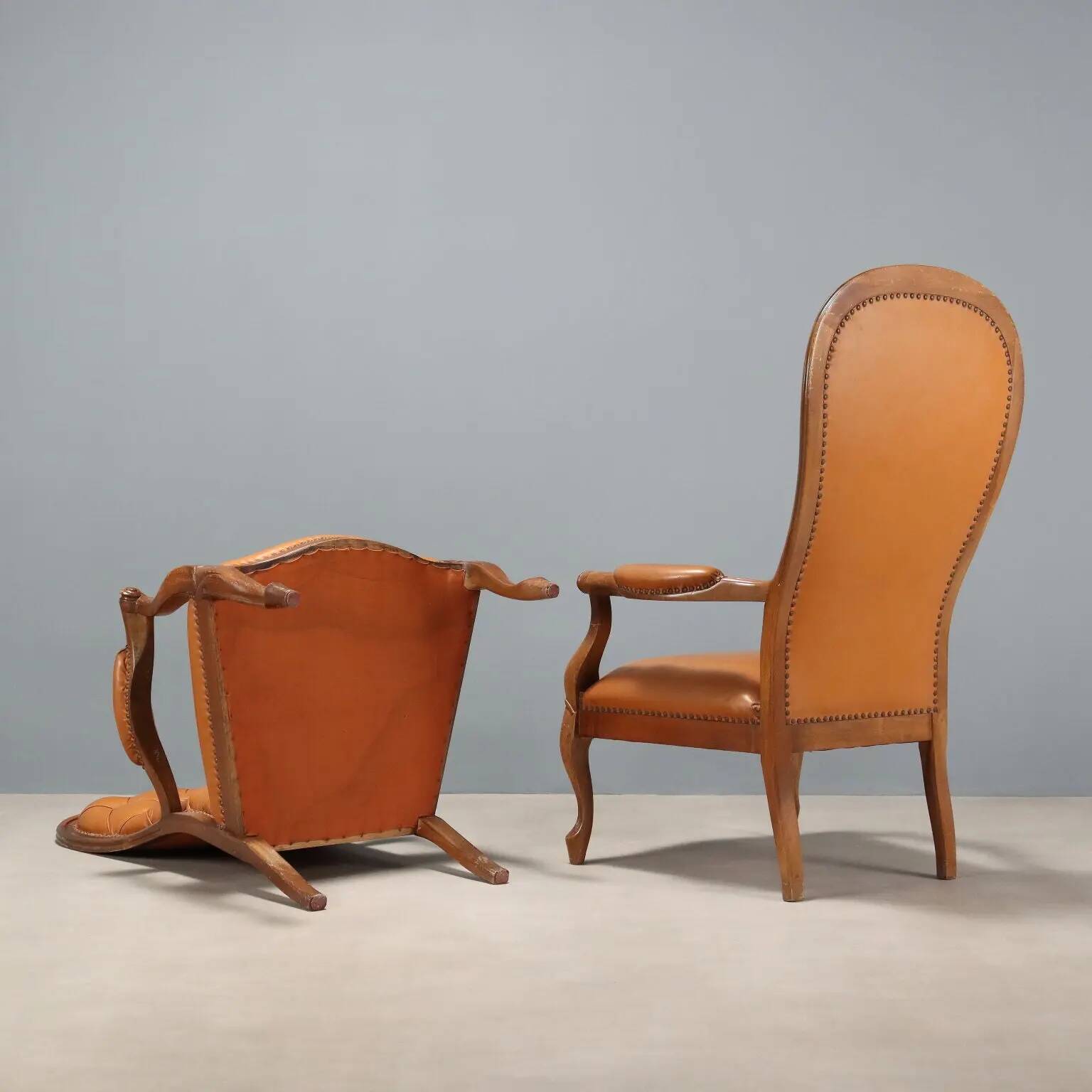 Antique walnut and leather armchairs, Italy, 20th century