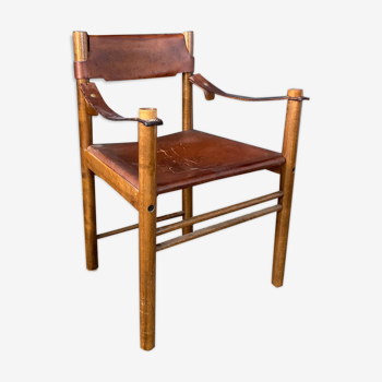 "Ibisco" armchair, wooden and leather Italy 1960