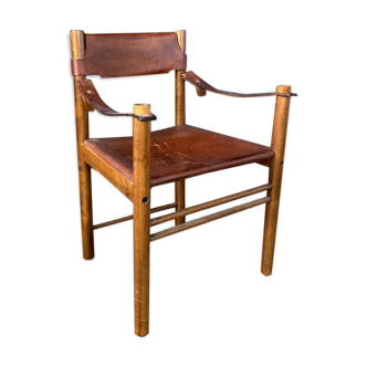 Fauteuil "ibisco" en bois et cuir Italie  1960