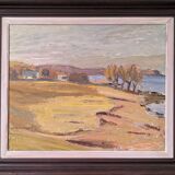 Peinture à l’huile de paysage vintage suédoise moderne « Golden Meadows » du milieu du siècle, encadrée