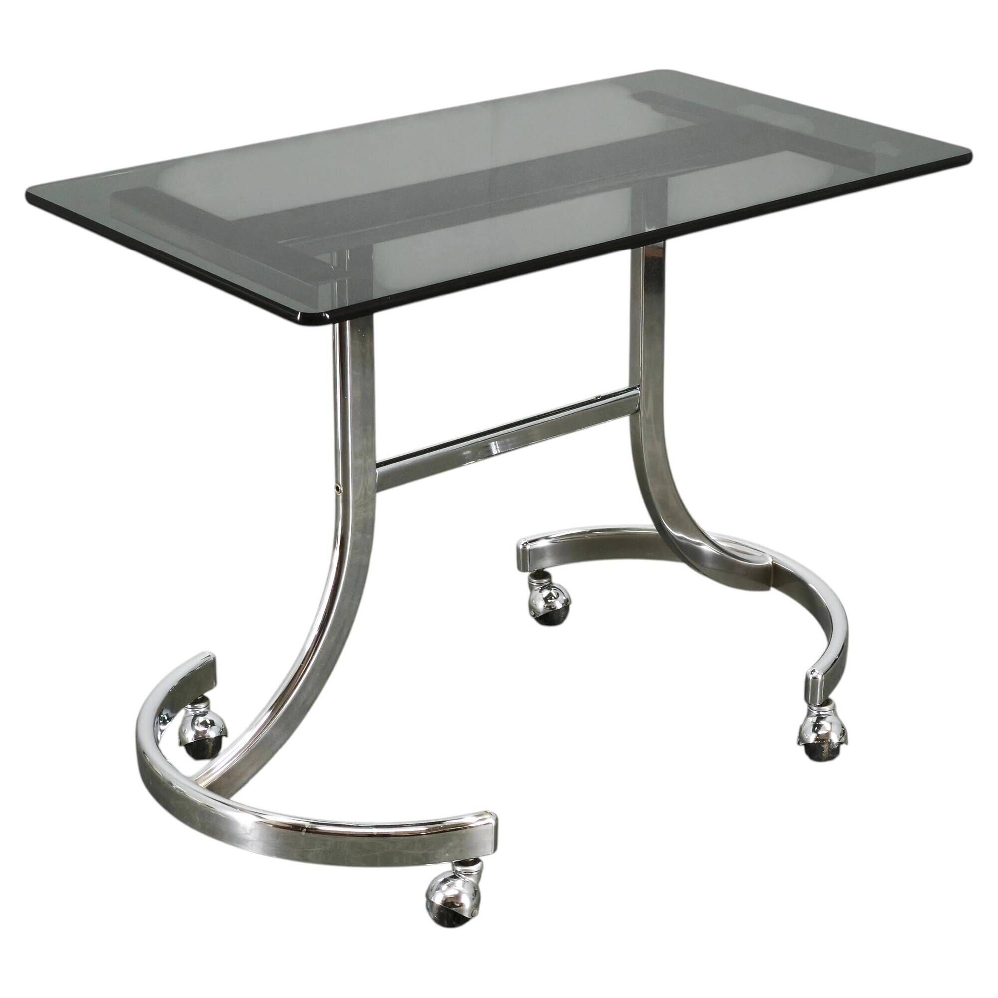 1970s Italian Space Age Chrome and Smoked Glass Rolling Side Table
