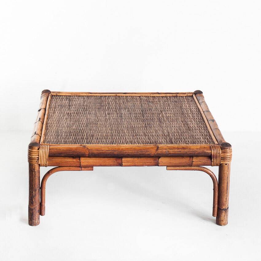 Vintage rattan and cane coffee table. France, 1970s