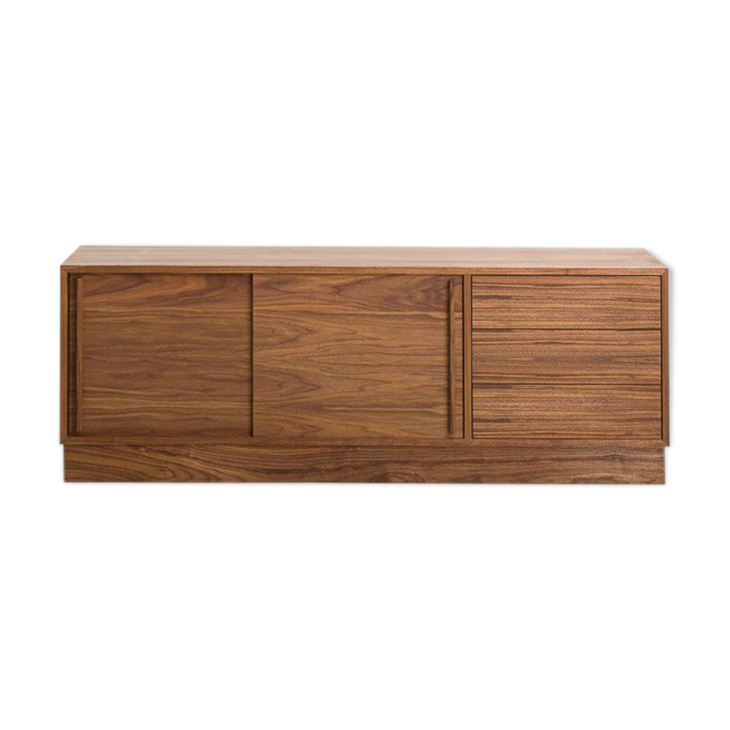 Oiled walnut TV stand equipped with 2 sliding doors and 3 drawers