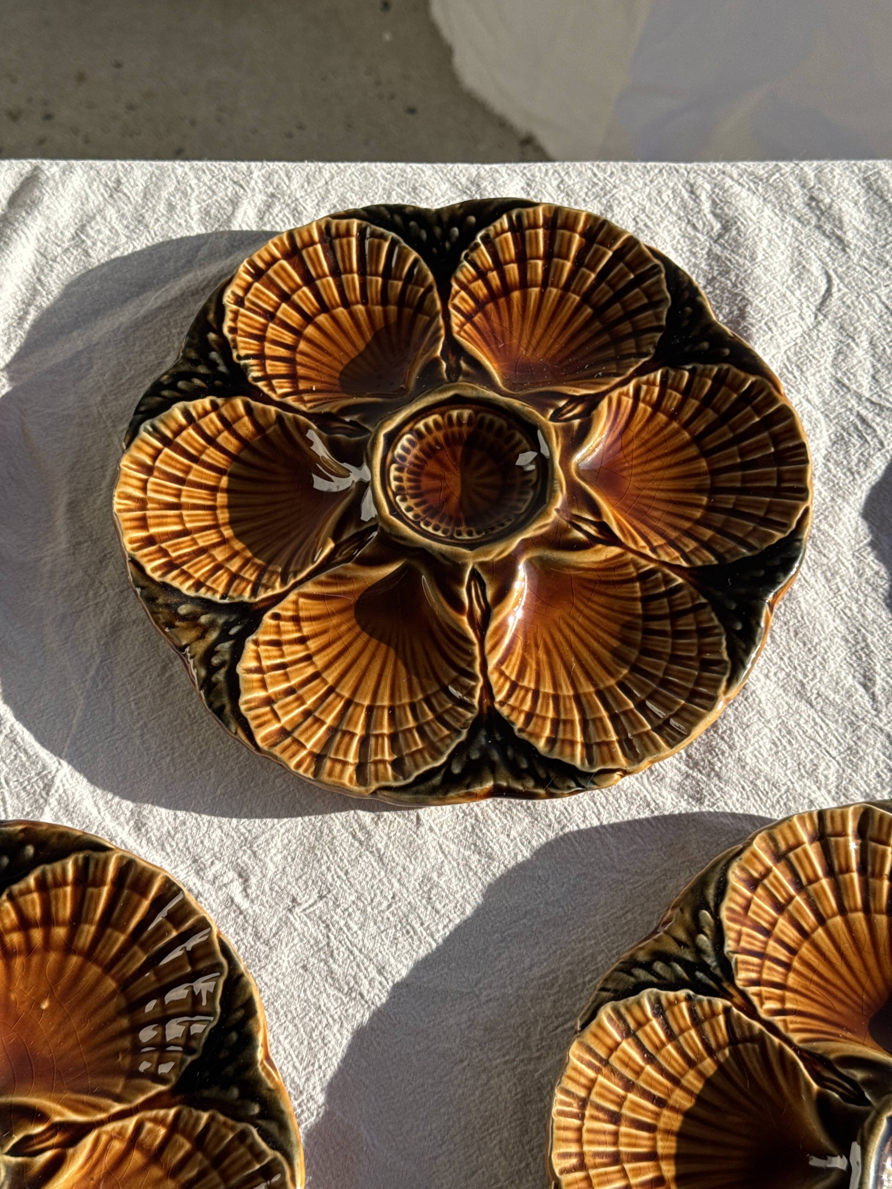 Set of 12 oyster or shell plates in glazed brown ceramic D