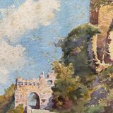 Tableau aquarelle 1930 signée paysage ruine et chemin avec le cadre‌