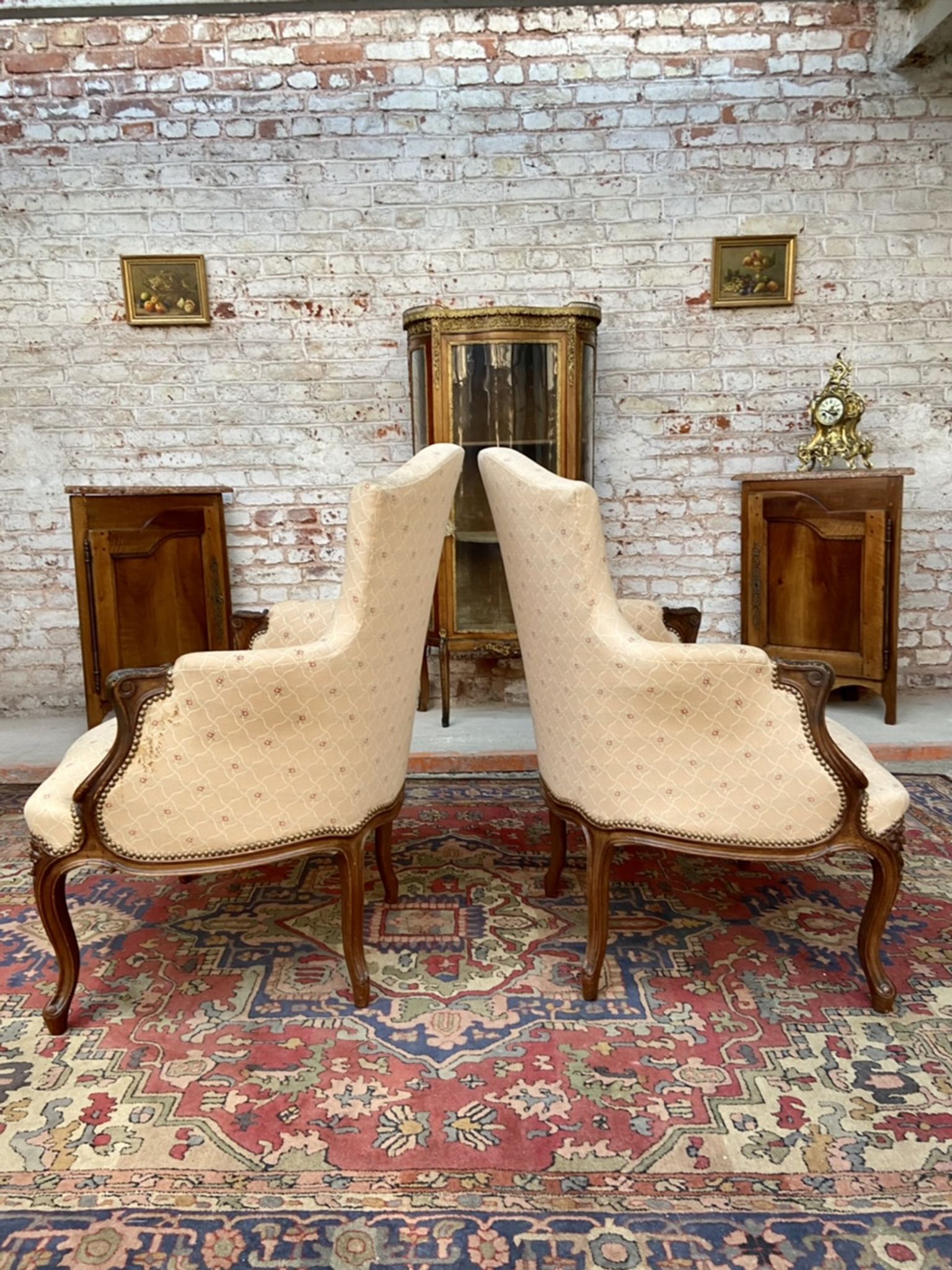 Pair of armchairs in natural wood style Louis XV XIXth