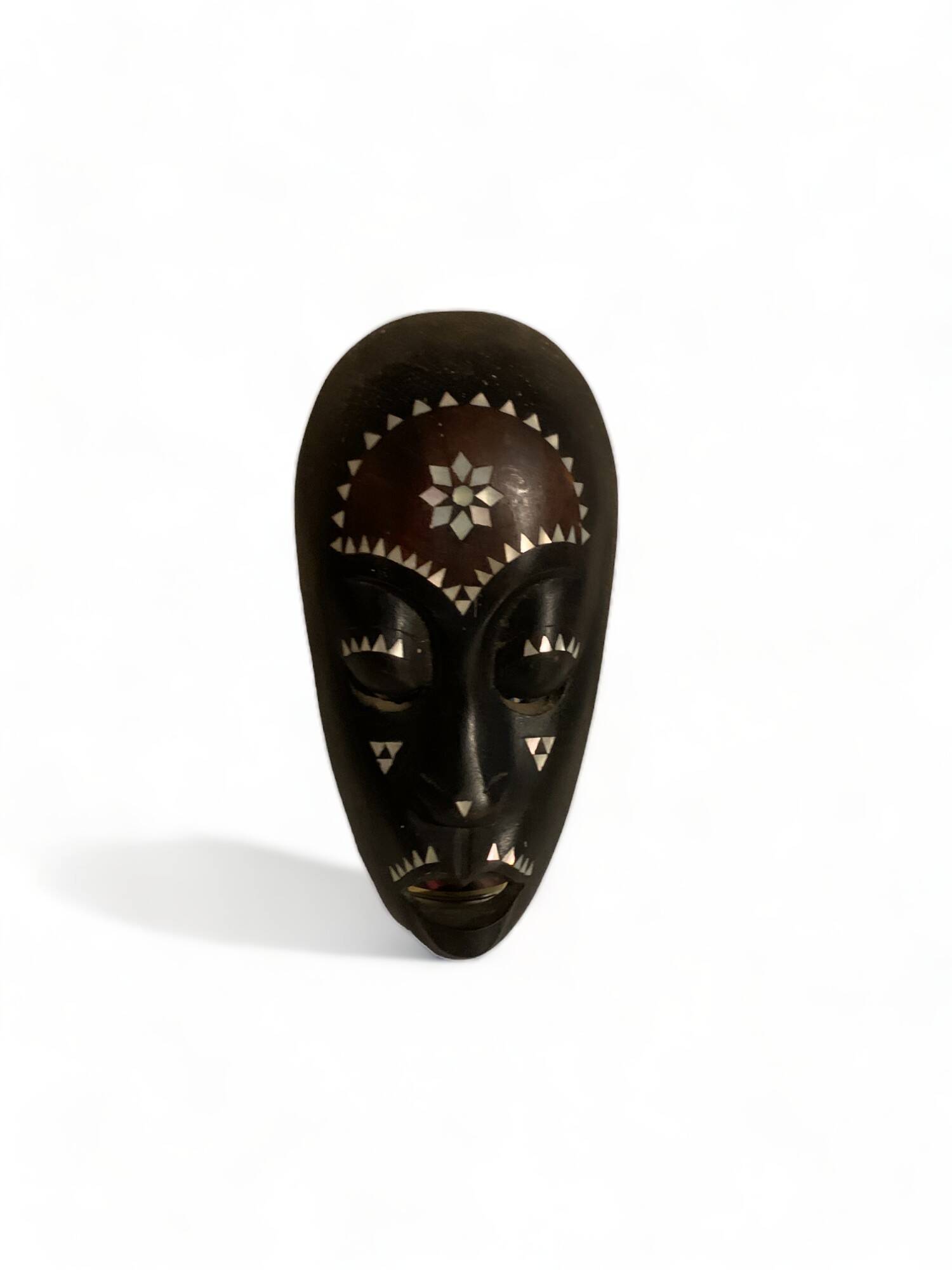 Africa mask in shell wood inlaid Ivory Coast Baoulé African art 1989 old vintage