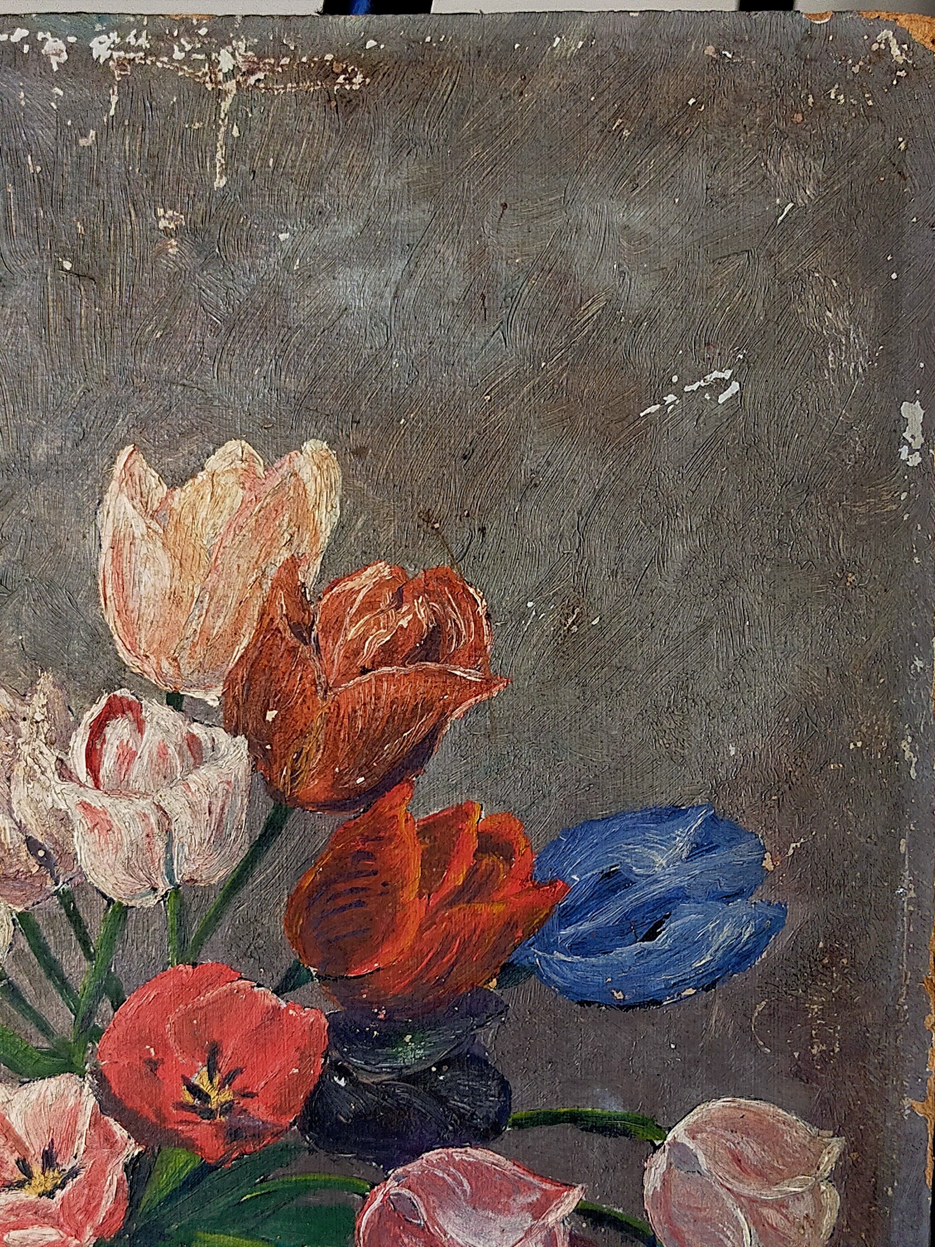 Table oil on cardboard the tulips hatched 30s