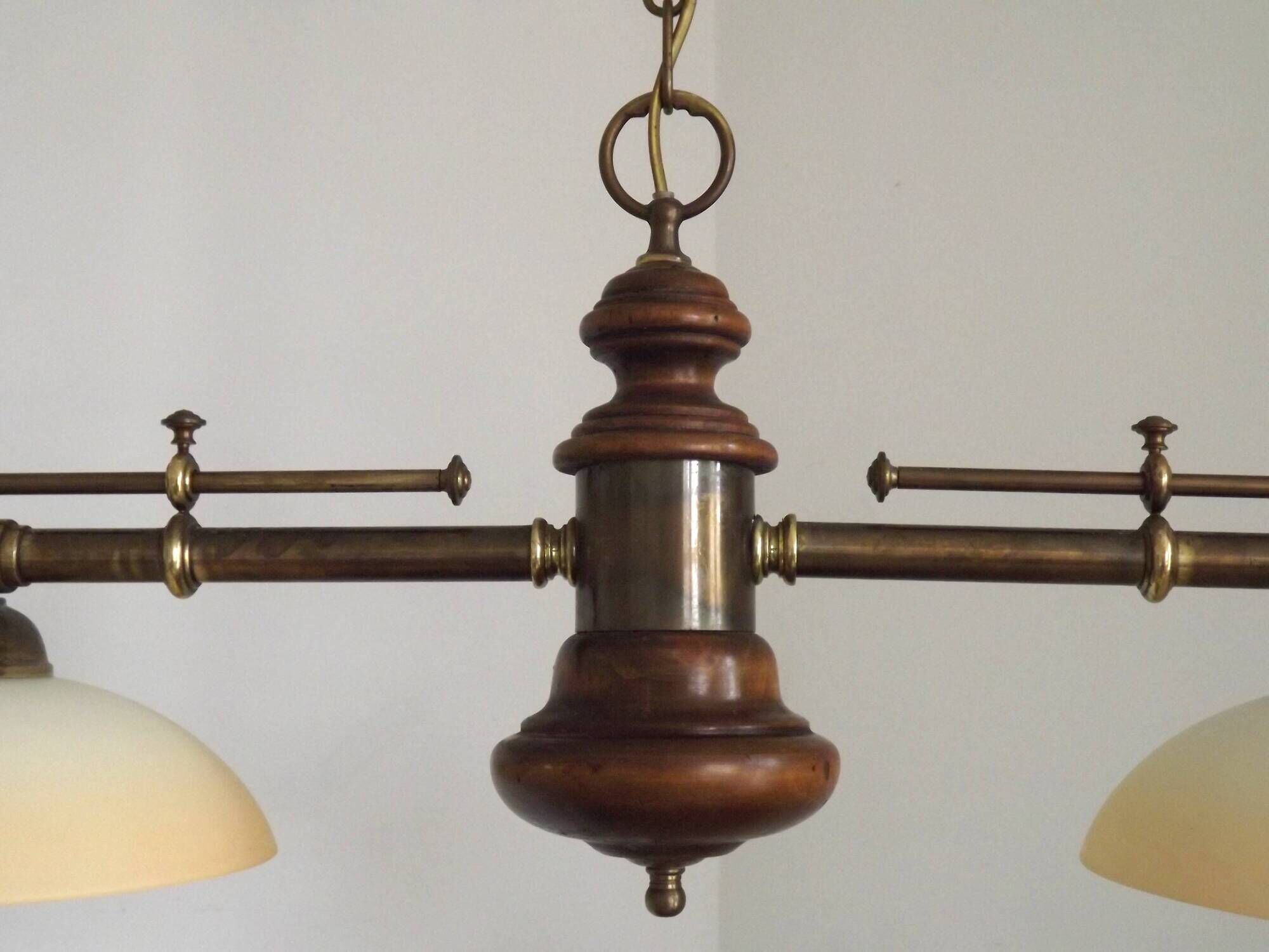 2 Light French Mid Century Extendable Billiard Light In Brass Wood & Glass