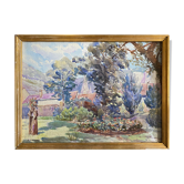 Watercolor painting "The Garden of the Village Blooms" signed on Arches paper