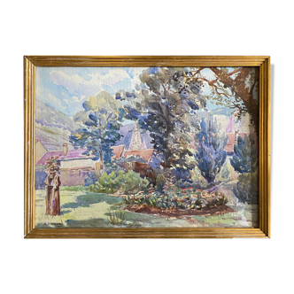 Watercolor painting "The Garden of the Village Blooms" signed on Arches paper