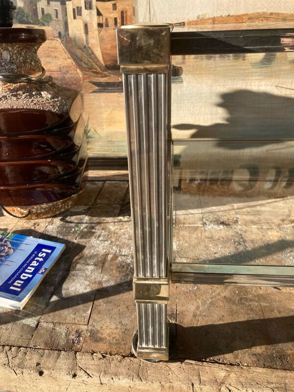 Table basse Pierre Vandel en verre, laiton doré et argenté