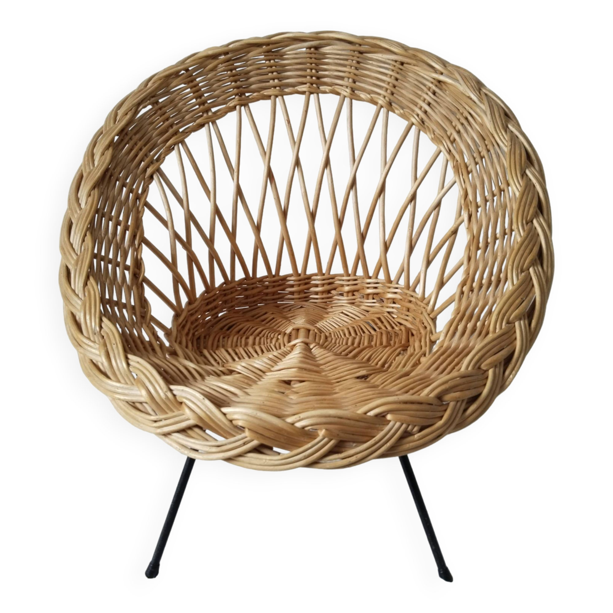 Children's rattan basket armchair, metal compass legs (n2)