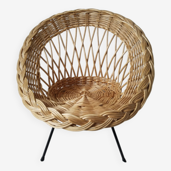 Children's rattan basket armchair, metal compass legs (n2)