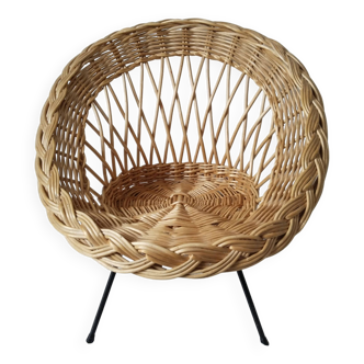 Children's rattan basket armchair, metal compass legs (n2)