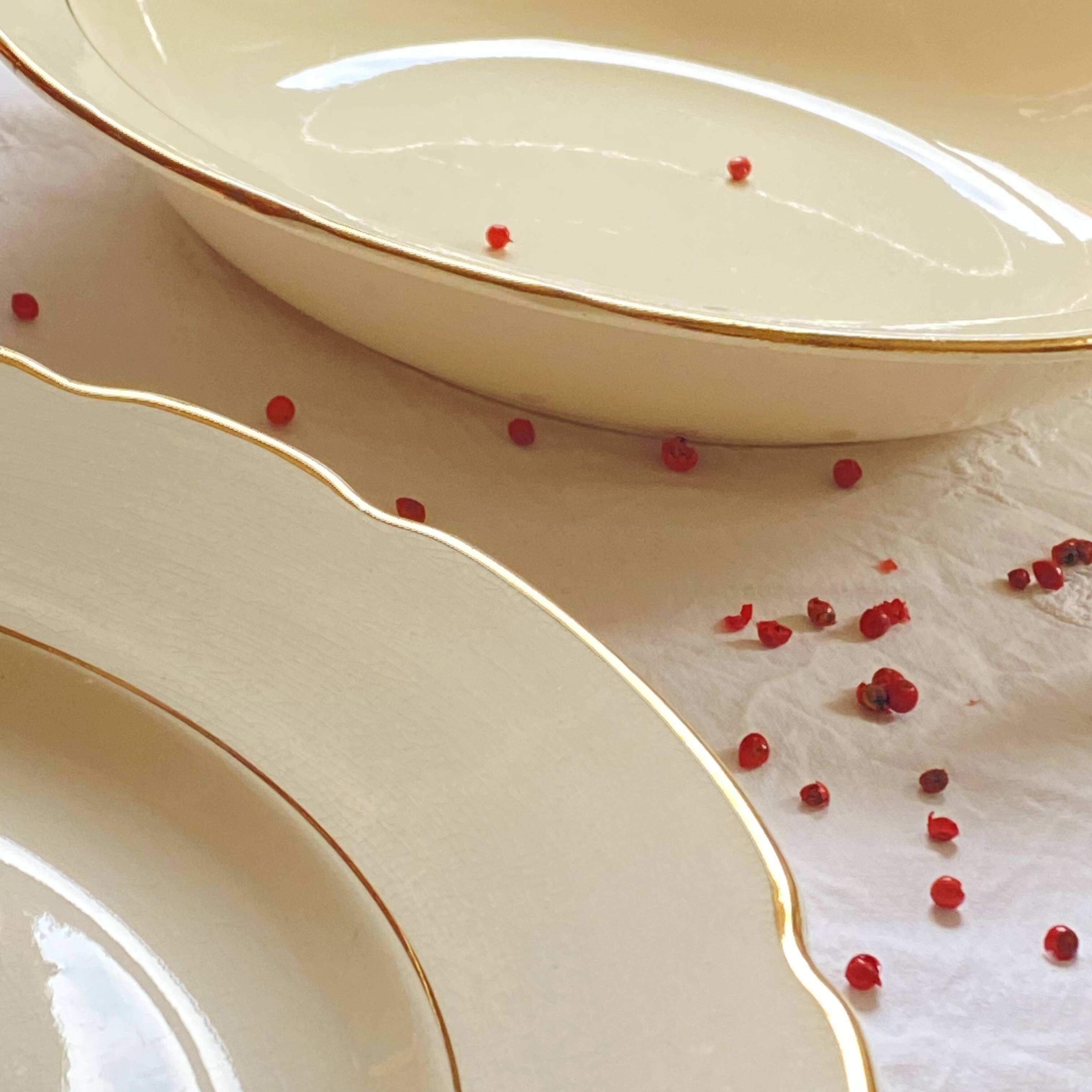 Set of 3 Digoin Sarreguemines old earthenware serving dishes in beige and gilded color ACC-7259