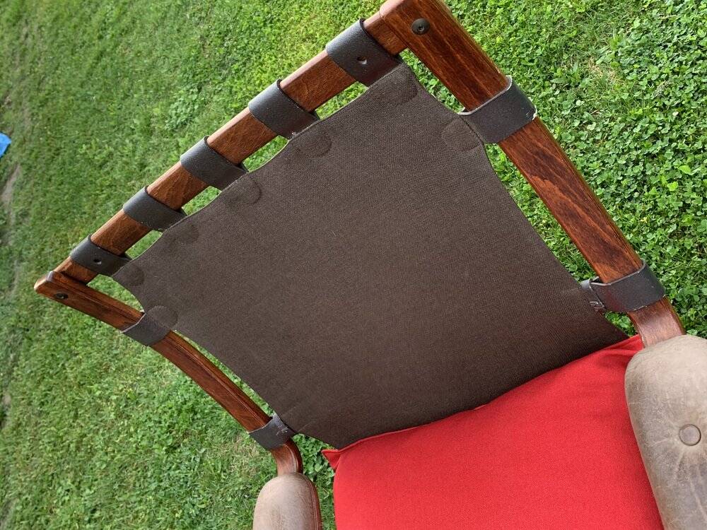 Brown and purple cantilever armchair in fabric and leather, 1970s Scandinavian style.